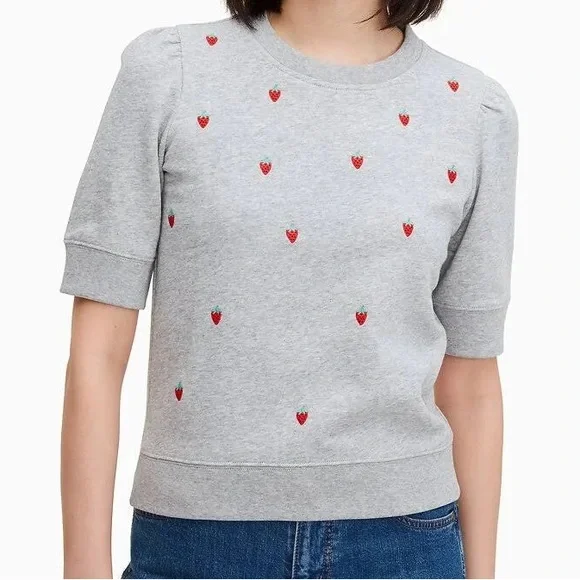 SOLD IN STORE Kate Spade Strawberry Embroidered Pullover Top Size Small - Picture 1 of 7
